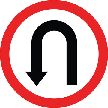 U-Turn Mandatory Traffic Sign Icon with Black Curved Arrow in Red Circle for Road Safety, Navigation Apps, Driving Schools, and Transportation Regulation Graphics