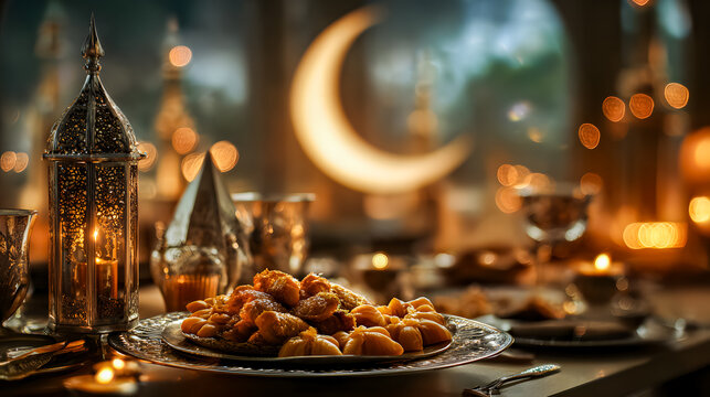Ramadan banner with lantern glowing with candles and sweets on table, cozy cushions and string lights in background. Ramadan Kareem, Eid Mubarak, hospitality, and cultural celebration concept	