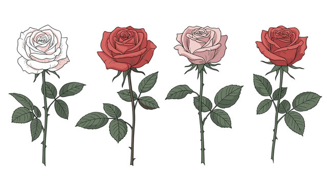 Four colored rose illustrations with long stems display white pink and red varieties for romantic botanical collections and gift cards.