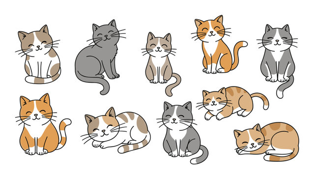 Twelve cute cartoon cats in various colors and playful poses create a charming and friendly collection for children and pet lovers.