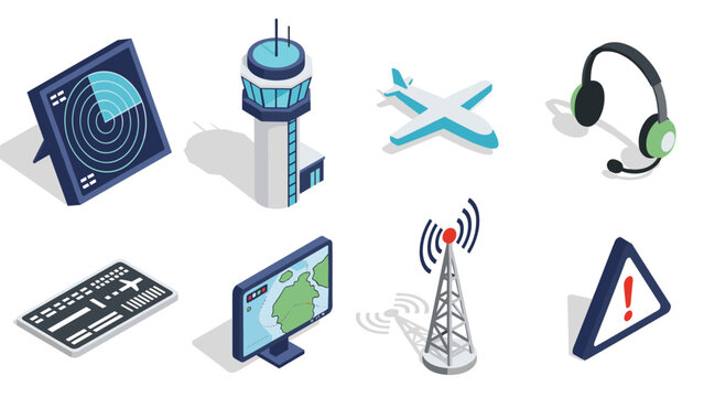 Isometric aviation and air traffic control icons for modern design projects