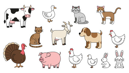 Large collection of cute cartoon farm animals including cow, pig, sheep, chicken, and pets on a white background.