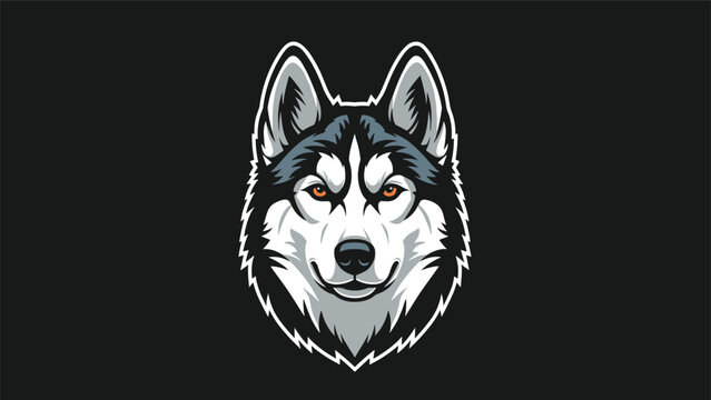 Detailed husky dog head mascot with blue and grey fur and intense orange eyes isolated on a black background.