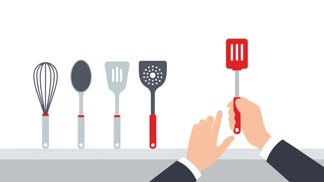 Cooking utensils in flat design with chef hands in kitchen scene