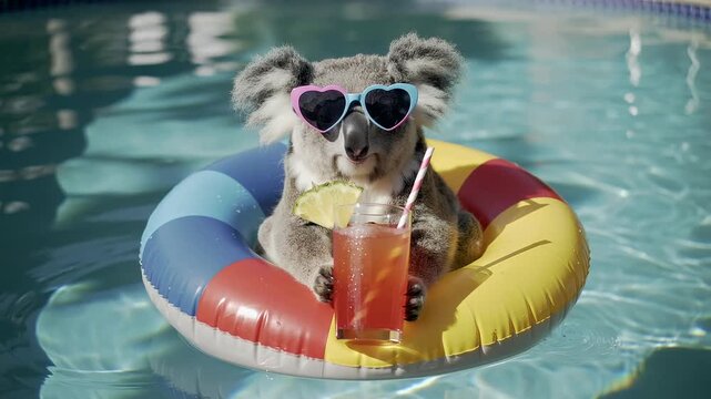 Koala relaxes on a floatie in the pool while enjoying a drink on a sunny day