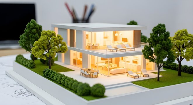 Architectural scale model of a modern luxury house with illuminated interior and green landscaping on an office desk, showcasing residential property design.