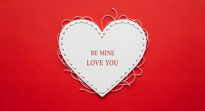 Valentine heart card with Be Mine Love You text, white stitched paper heart on red background, romantic greeting card for wedding or anniversary