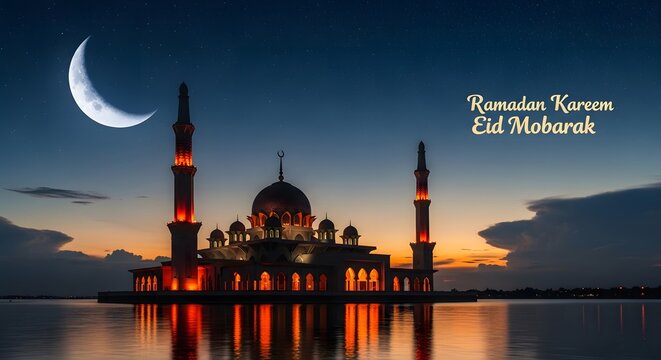Ramadan kareem eid mobarak a peaceful islamic celebration under the crescent moon