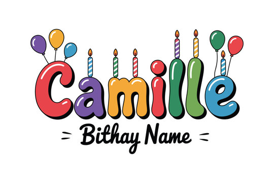 A colorful illustration of a birthday name sign with the name Camille and balloons