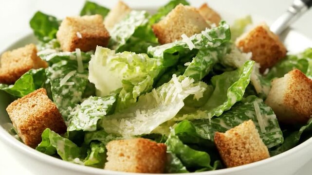 A close-up of a Caesar salad in a white bowl, with croutons, dressing, and lettuce