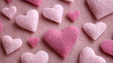 Obraz premium Soft Felt Hearts in Various Shades of Pink on a Light Fabric Background Perfect for Valentine's Day or Romantic Decor and Crafts