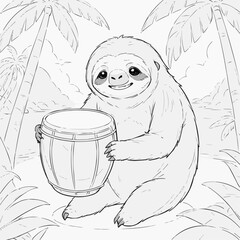 Naklejka premium Sloth holding bongo drum on tropical island background with palm leaves and distant ocean 