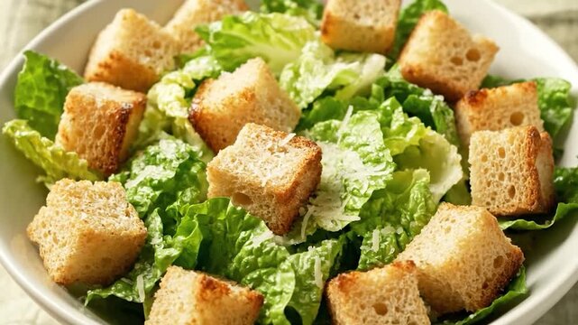 A close-up of a Caesar salad in a white bowl, with croutons, lettuce, and cheese