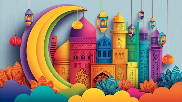 Vibrant Ramadan Cityscape with Crescent Moon.