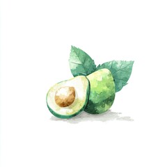 Watercolor-style illustration of an avocado half with pit, a whole avocado, and leaves