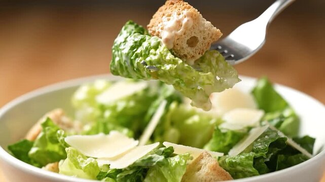 A close-up of a Caesar salad with crouton on a fork. The bowl is in soft focus