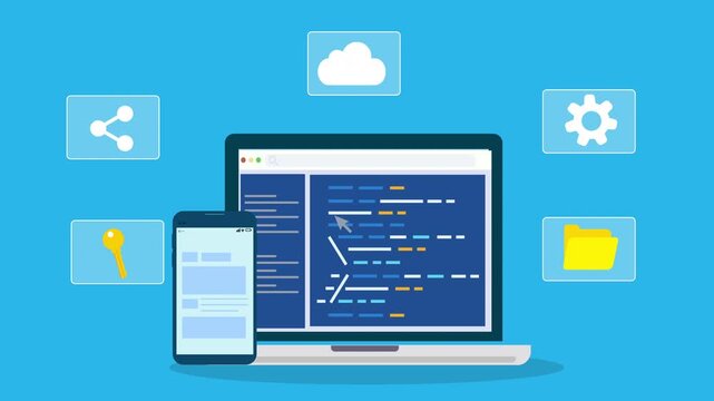 Flat illustration of software development workspace with laptop displaying code editor, mobile interface, and cloud sharing icons representing programming and digital workflow.
