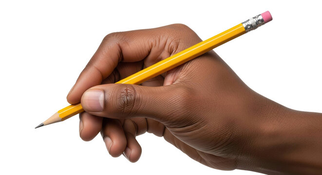 Black Hand Holding Yellow Pencil Writing Black Background