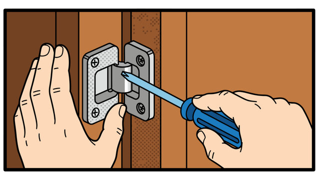 Hands fixing door hinge with screwdriver in retro comic style