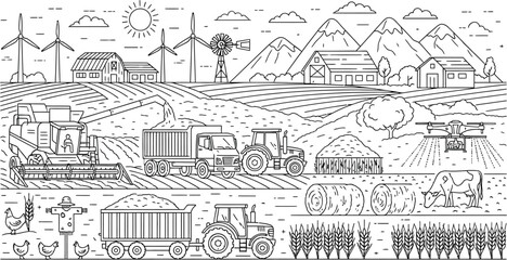 Obraz premium Modern farm machinery, tractors, and combines operate across a wide agricultural landscape featuring windmills and livestock.