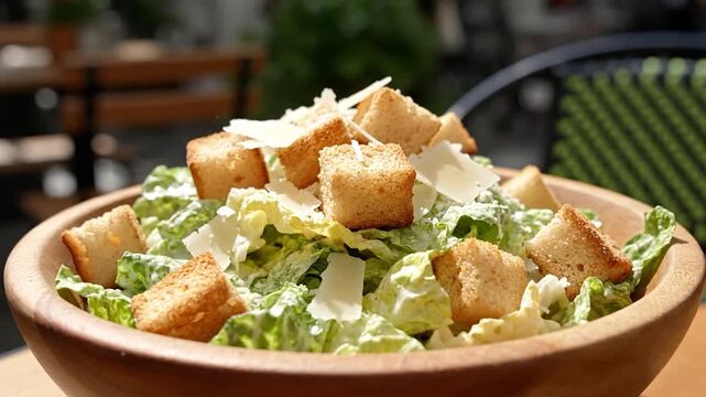 A close-up of a Caesar salad with croutons and cheese in a wooden bowl