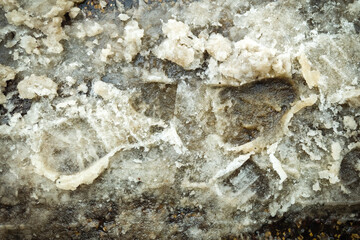 macro closeup of dirty, melting snow and ice on the ground. late winter or early spring conditions in cold climates as snow thaws. background with copy space.