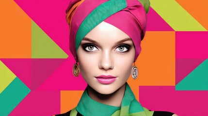 Obraz premium Vibrant Fashion Portrait: Woman with Colorful Headwrap Against Geometric Background