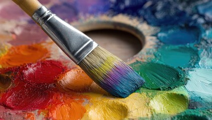 Obraz premium Close-up of a paintbrush resting on a colorful artist's palette, with rich oil paints