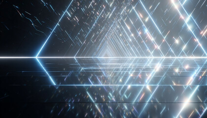 Fototapeta premium Futuristic Neon Triangle Tunnel Light Reflection Digital Abstract Background 