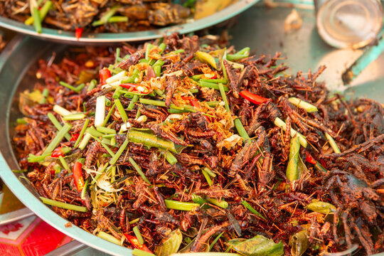 Fried crickets for sale in Skun Market near Siem Reap, Cambodia