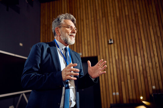 Senior businessman speaks at the seminar