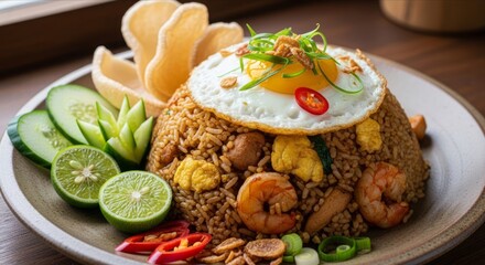 Delicious Traditional Fried Rice with Egg, Shrimp, and Fresh Vegetables