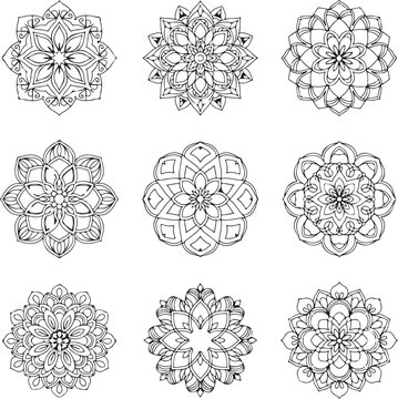 Set of nine unique circular geometric ornaments with intricate hand drawn details on white.