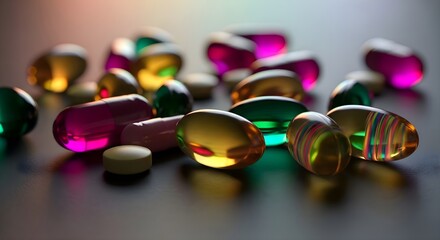 Pharmaceutical Medical Pills: Multi colored gel capsules and tablets on dark surface, vitamin supplement variety, pharmacy medication health, antibiotic and prescription drug concept