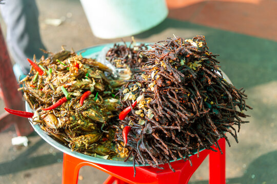 Tarantulas and insects for sale as snacks at Skun Market near Siem Reap, Cambodia