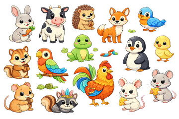 Cartoon collection of various adorable animals including birds mammals and reptiles