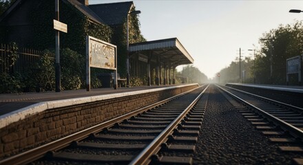 Fototapeta premium Train Station Platform with Track Leading into Undefined Horizon