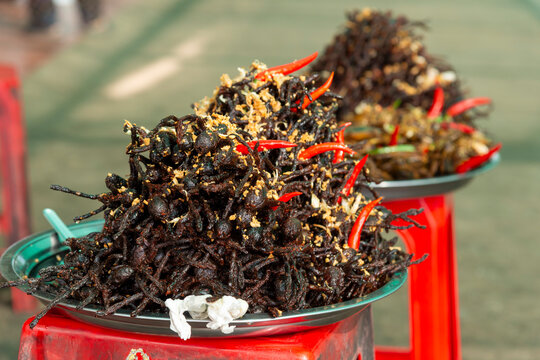  Fried Tarantula spiders with chillis for sale as snacks at Skun Market near Siem Reap, Cambodia