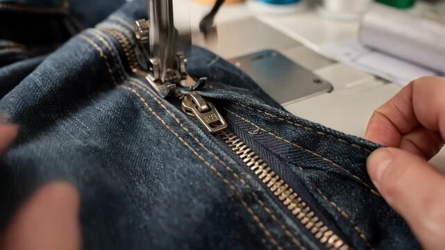 Closeup view of metal zipper being carefully aligned and sewn onto denim fly front with precise topstitching in a garment assembly workshop.