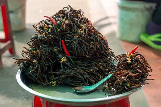 Fried Tarantula spiders with chillis for sale as snacks at Skun Market near Siem Reap, Cambodia