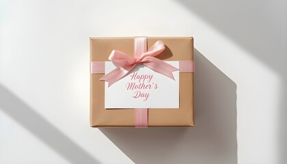 A beautifully wrapped gift box with a pink ribbon and a Happy Mother's Day card on a white background