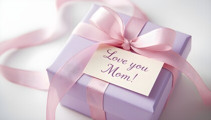 A beautifully wrapped gift box with a pink ribbon and a loving note for Mother's Day