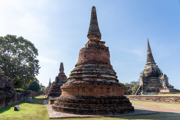 Ancient Buddhist Temple Ruins and Buddha Statues in Ayutthaya, Thailand