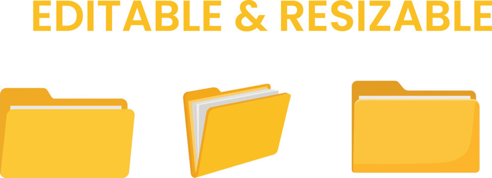 Set of editable and resizable file folders in different styles and perspectives