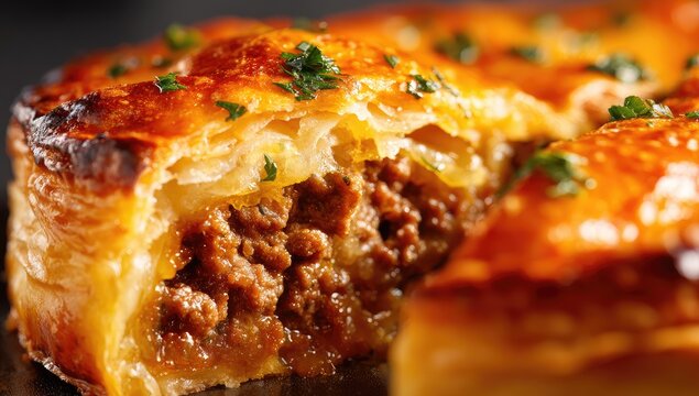 Close-up of a meat pie with a flaky, golden crust and visible filling