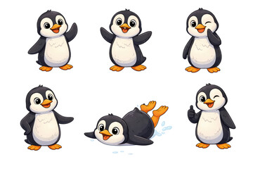 Fototapeta premium Cartoon penguins in various playful poses against a black background