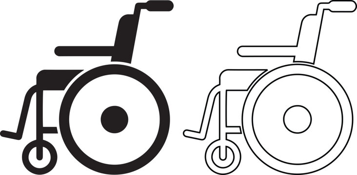 Wheelchair icon vector set featuring solid black silhouette and linear outline symbol design for disability, handicap accessibility signs, and medical mobility equipment illustrations.