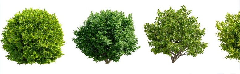 Obraz premium Four diverse green bush or tree renderings, against a clean white background