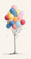 A whimsical sketch depicts a tree's branches replaced with colorful, floating balloons