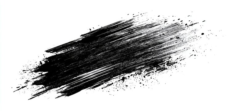 A diagonal black ink brush stroke with varying texture and splatter on a white background